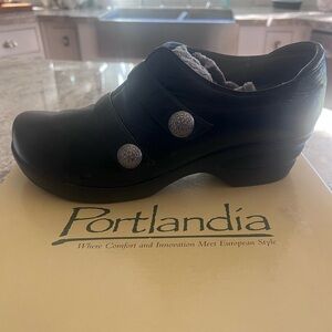 Portlandia Black Women's Mules with Silver Accents